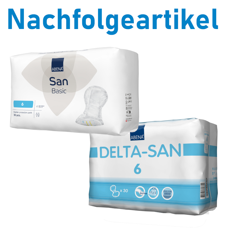 Vorderseite der Verpackung von den Abena San Basic 6 Vorlagen. Dahinter ein Paket der alten Delta-San 6 Vorlagen mit der Überschrift "Nachfolgeartikel"